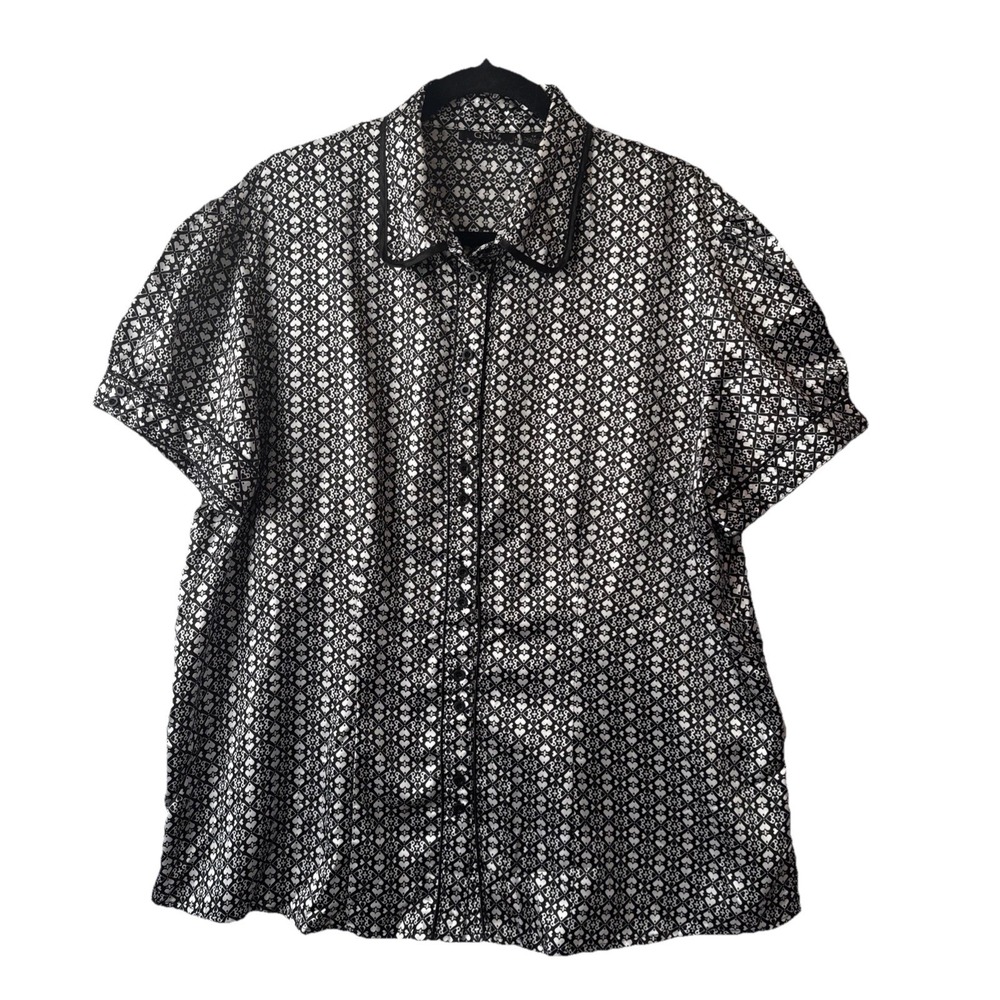 Satin Black White Spade Heart Button Up Blouse Women's 1X Whimsigoth Cards Vegas